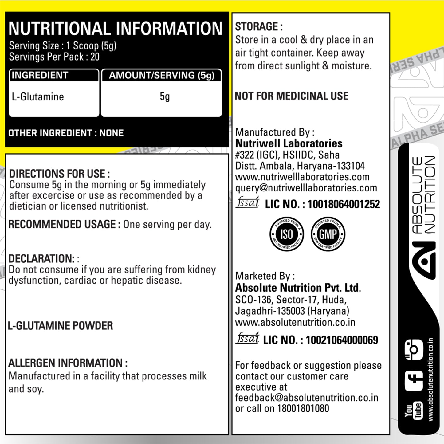 Absolute Nutrition’s Alpha Series Exclusive Glutamine (Unflavoured)
